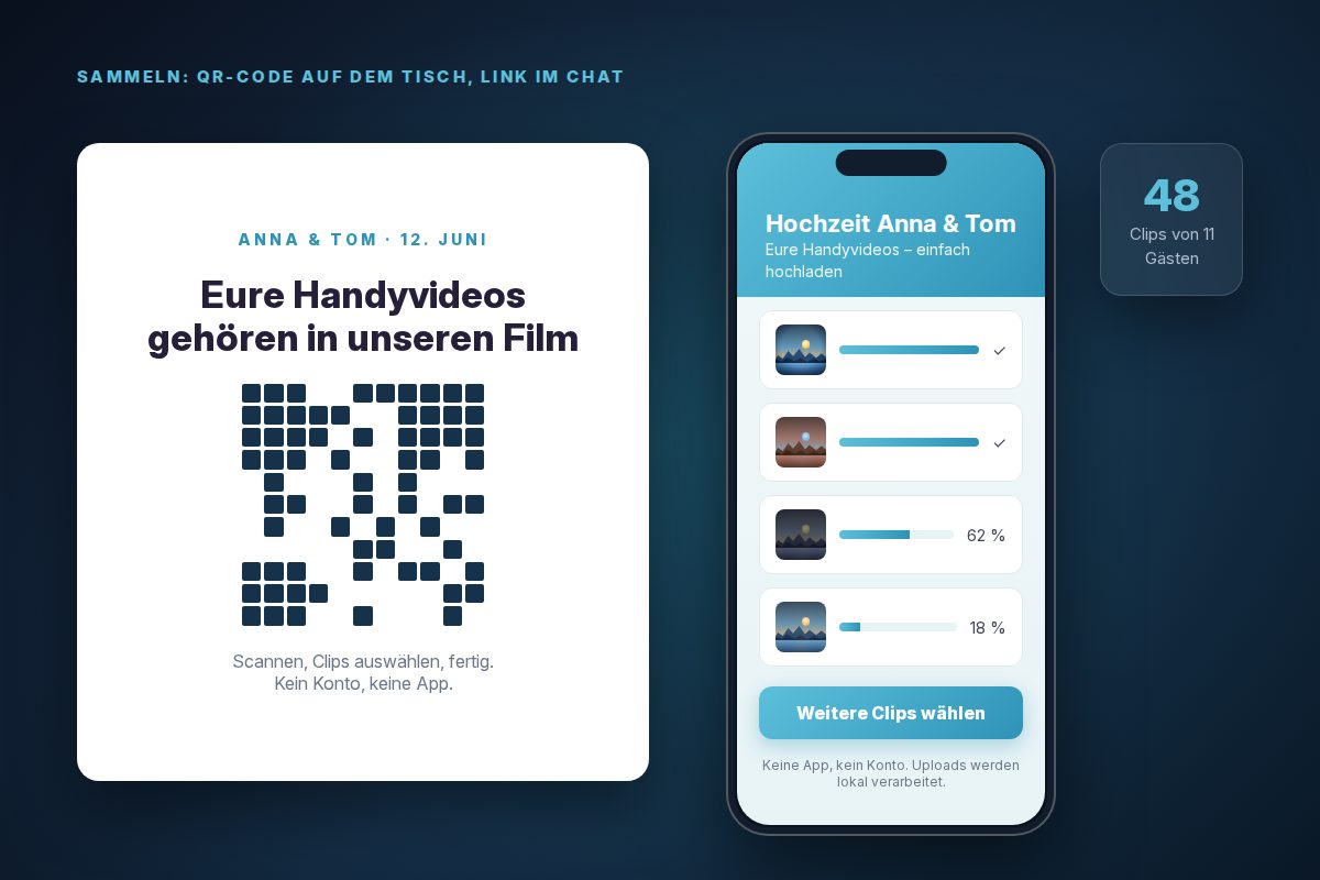 Poster mit QR-Code und Handy mit Upload-Liste