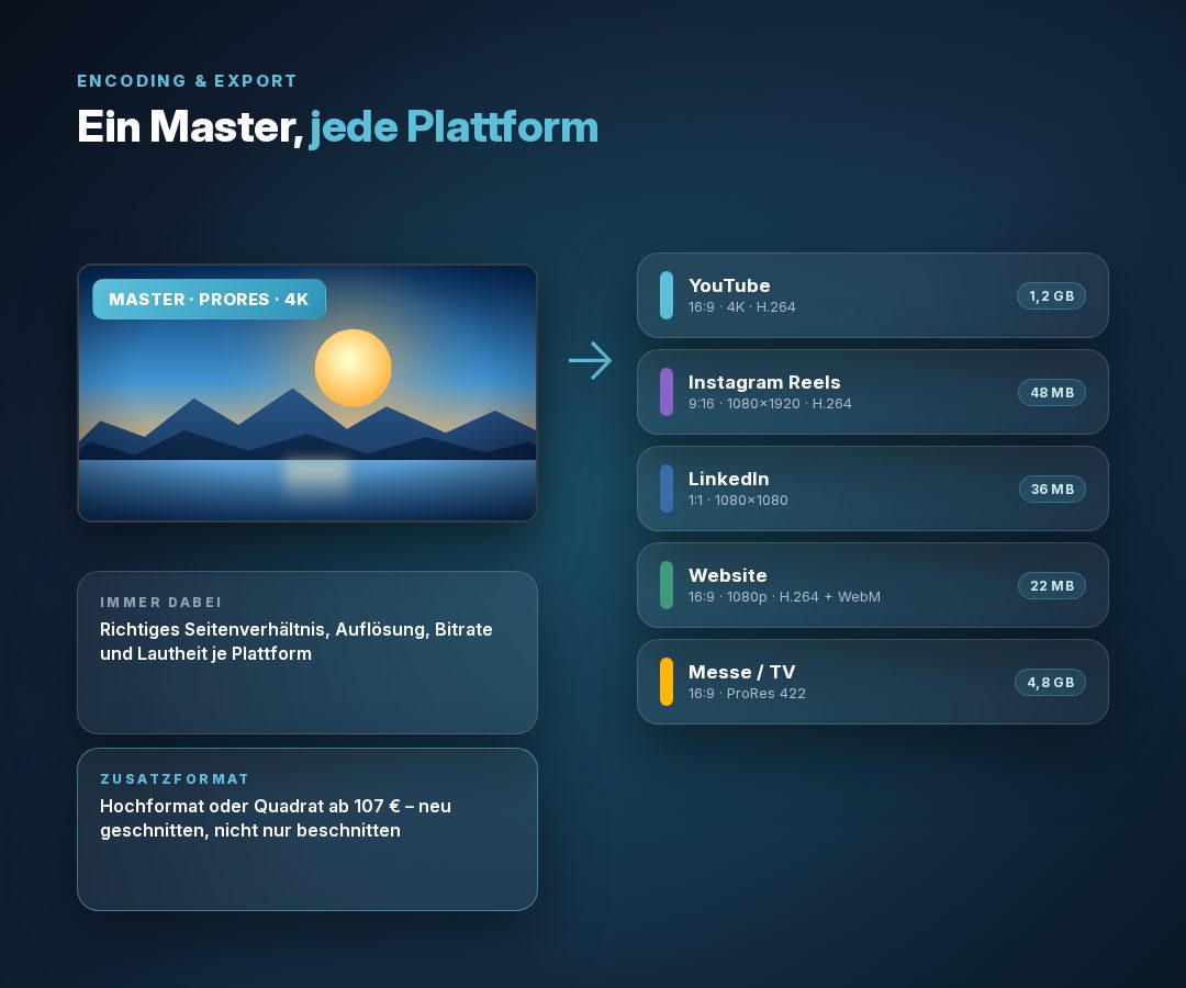 Ein Master-Video mit Pfeil auf fünf Plattform-Ausspielungen mit Format und Dateigröße