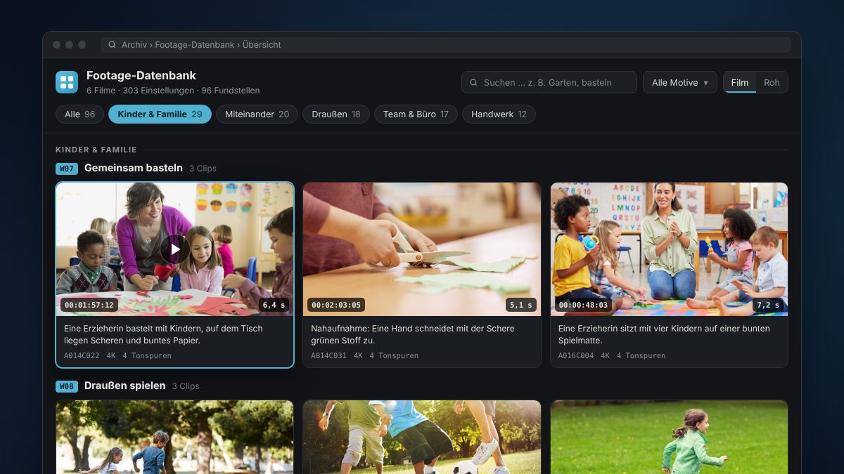 Footage-Datenbank im Browser mit Themenfiltern und Vorschaubildern