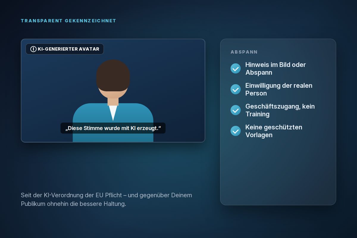 Avatar-Video mit Kennzeichnung und Abspann-Checkliste