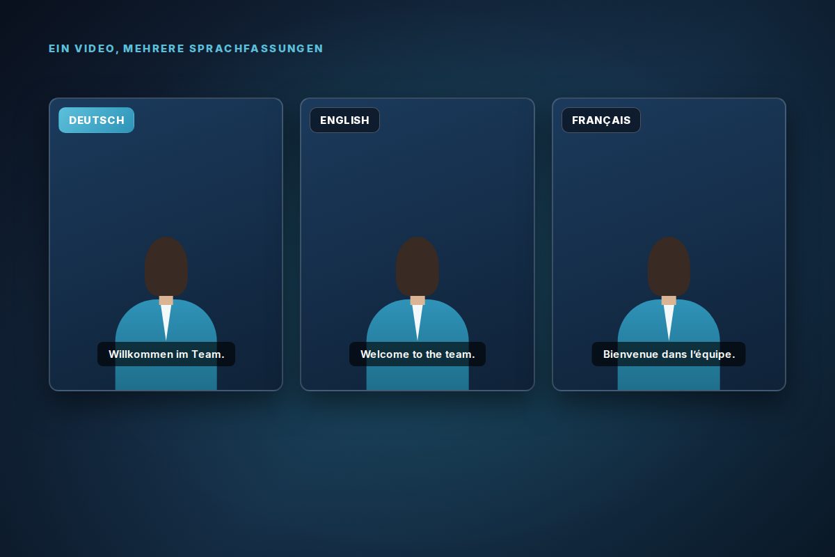 Drei Fassungen desselben Avatar-Videos mit Untertiteln in drei Sprachen