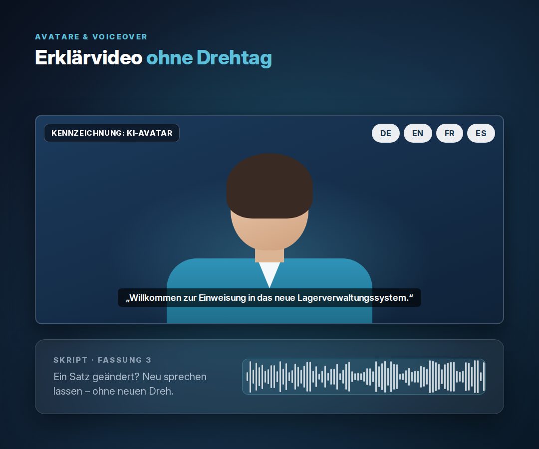 Bildschirm mit KI-Avatar, Untertitel und Sprachauswahl