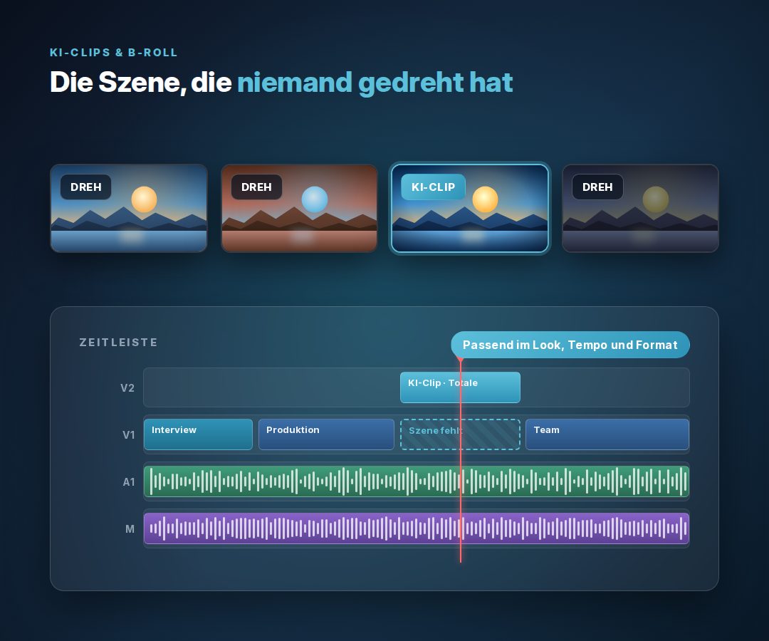 Zeitleiste mit einer Lücke, in die ein KI-Clip eingesetzt wird