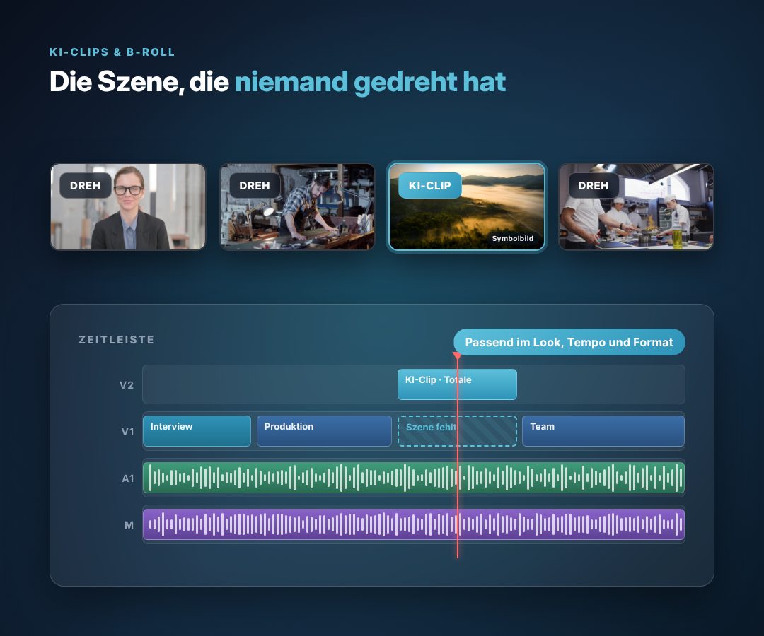 Vier Videobilder – Interview, Werkstatt, ein KI-Clip als Symbolbild (Tal im Morgennebel) und Großküche – darunter eine Zeitleiste mit der Lücke, in die der KI-Clip eingesetzt wird