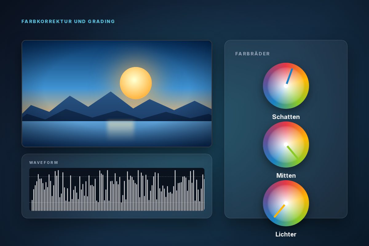 Videobild mit Waveform-Anzeige und drei Farbrädern