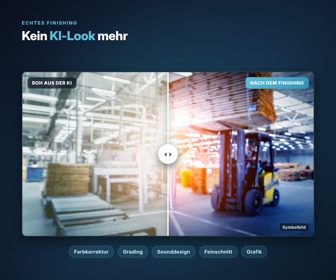 Vorher-nachher-Vergleich an einem Symbolbild aus einer Holzlagerhalle mit Gabelstapler: links flach wie roh aus der KI, rechts nach dem Finishing