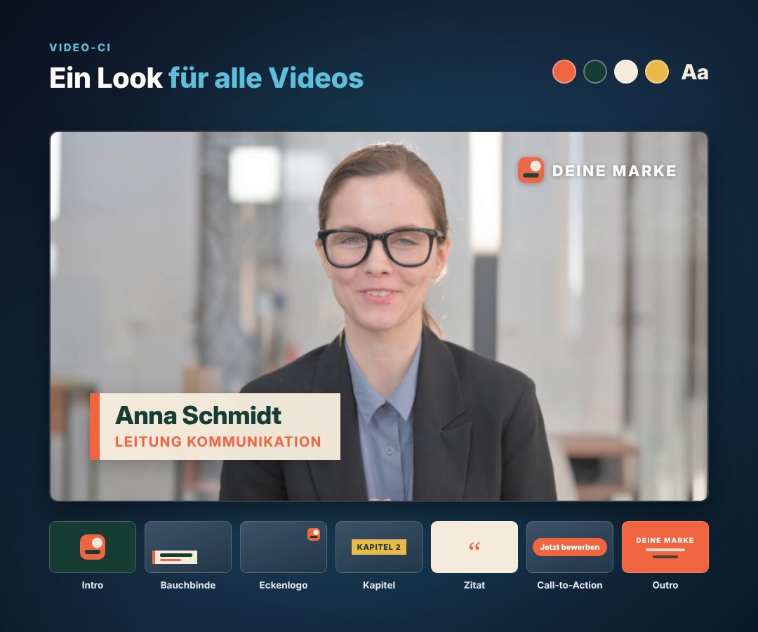 Interviewbild einer Frau im Büro mit Bauchbinde und Eckenlogo einer Beispielmarke, darunter die Bausteine einer Video-CI
