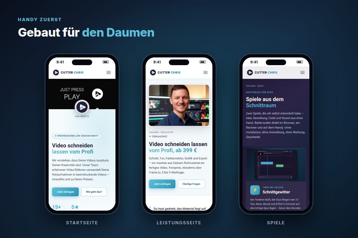 Drei Smartphones mit Startseite, Leistungsseite und Spiele-Seite von Cutter Chris