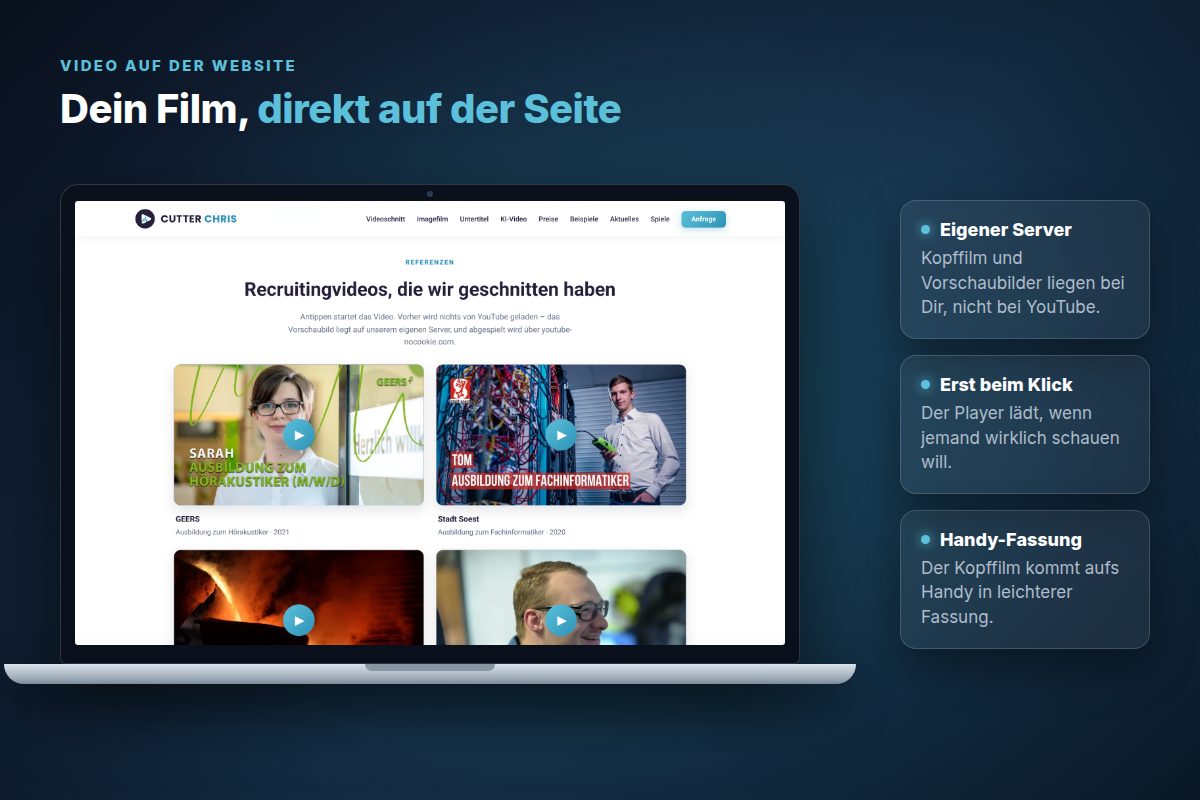 Laptop mit einer Leistungsseite von Cutter Chris und vier eingebundenen Referenzvideos