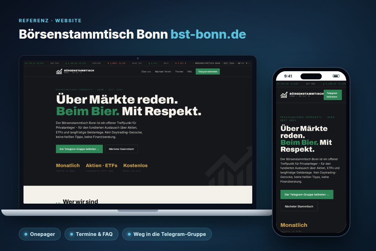 Die Website des Börsenstammtisch Bonn auf Laptop und Smartphone
