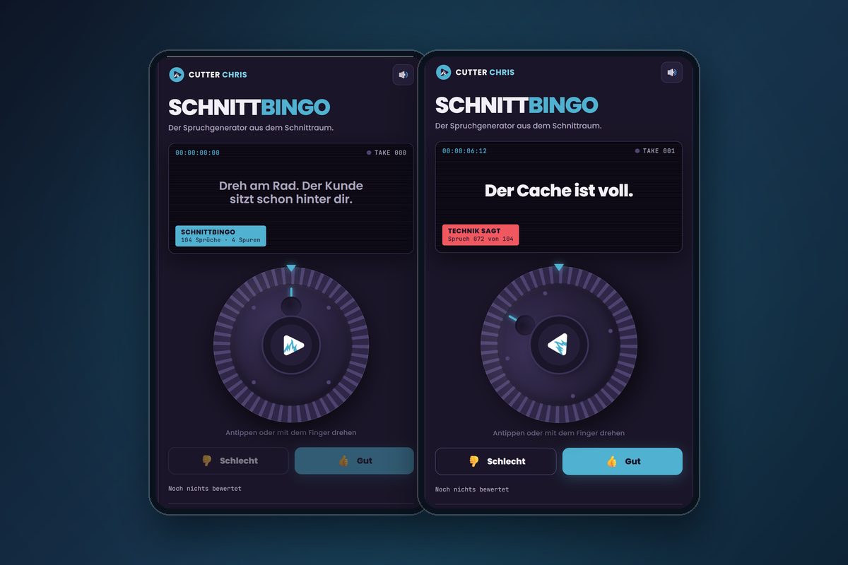 Schnittbingo auf zwei Handys: links das Jog-Wheel im Ausgangszustand, rechts der gezogene Spruch „Der Cache ist voll.“