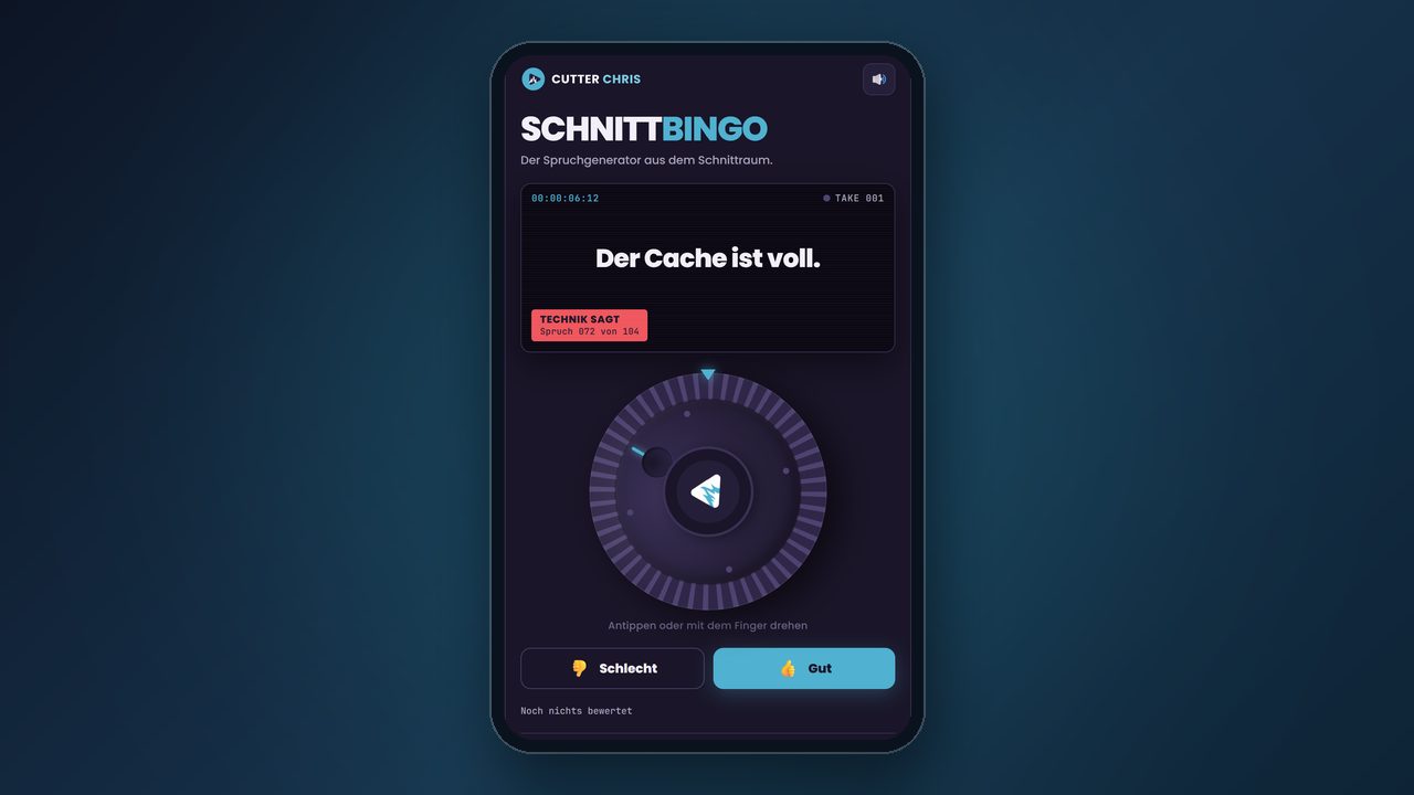 Schnittbingo auf dem Handy: das Jog-Wheel und der gezogene Spruch ‚Der Cache ist voll.‘