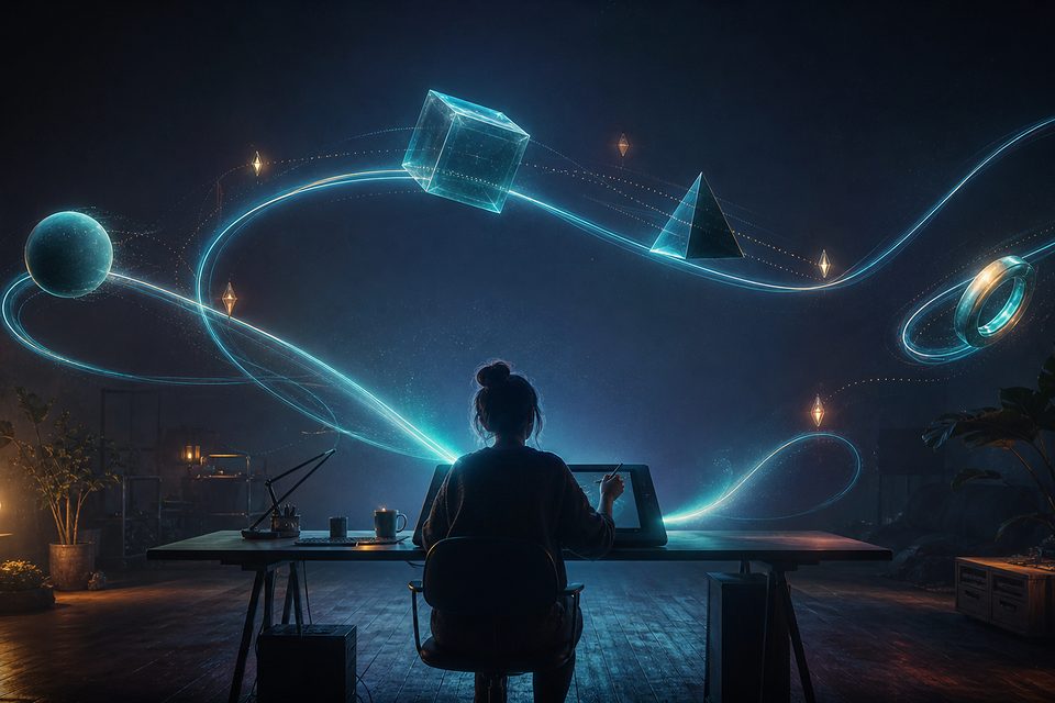 Motion-Designerin am Grafiktablett, aus dem eine leuchtende Bewegungskurve durch den dunklen Raum schwingt, darauf schweben Kugel, Würfel, Pyramide und Ring