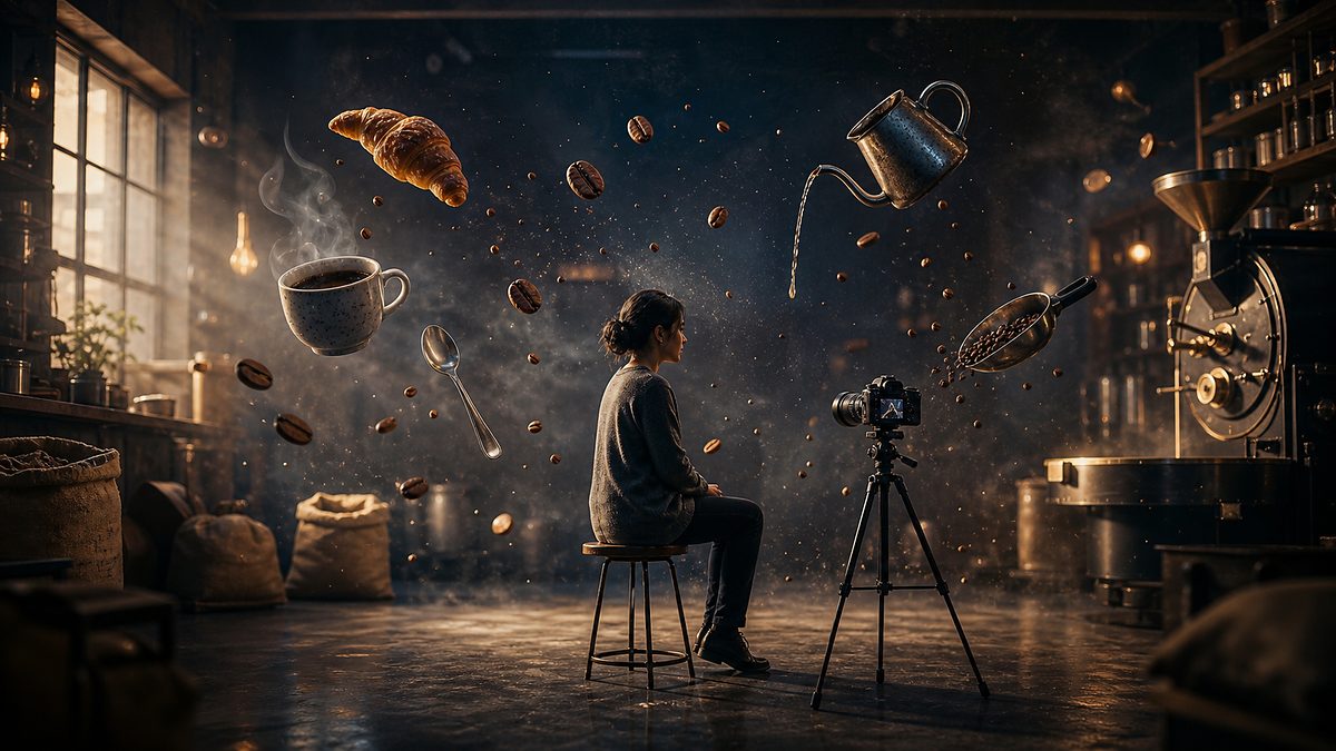 Frau sitzt in einer Kaffeerösterei vor der Kamera, um sie herum schweben Croissant, Tasse, Löffel, Bohnen und eine gießende Kanne wie Planeten
