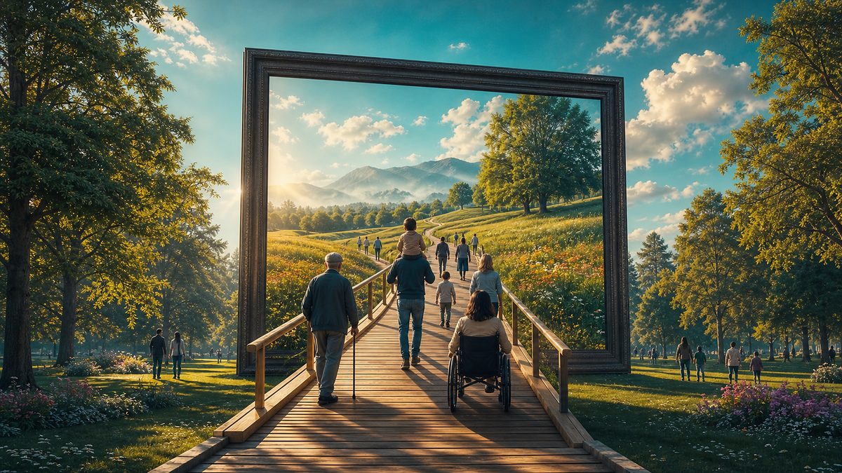 Eine Holzrampe führt durch einen riesigen Bilderrahmen in eine Landschaft, Menschen jeden Alters gehen und rollen hinein, auch mit Stock und Rollstuhl