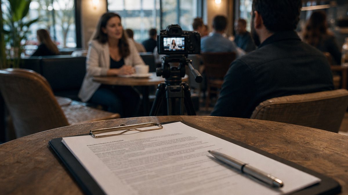 Klemmbrett mit Einverständniserklärung und Stift auf dem Cafétisch, dahinter filmt eine Kamera ein Interview
