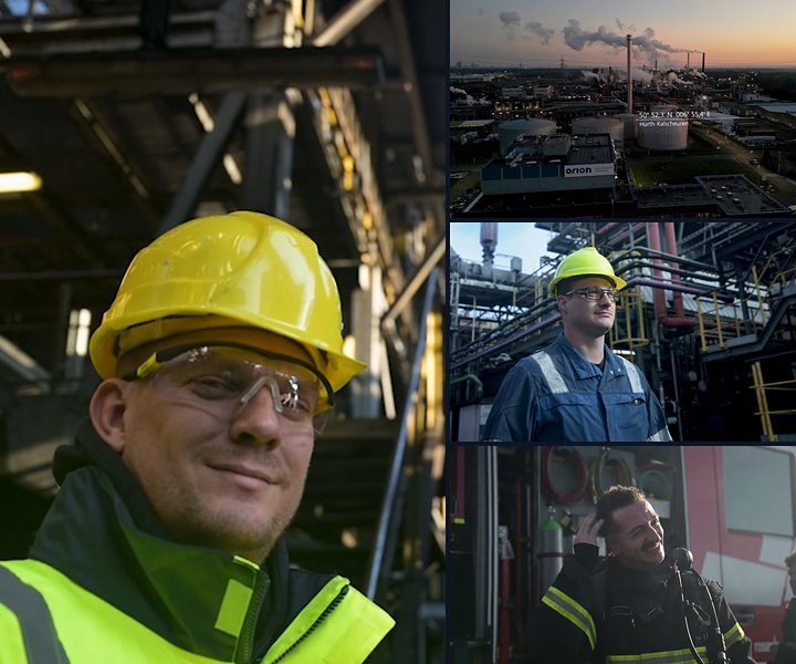 Collage aus dem Employer-Branding-Video: zwei Mitarbeiter mit Helm im Werk, Drohnenblick auf das Orion-Werk in Hürth, Werkfeuerwehr