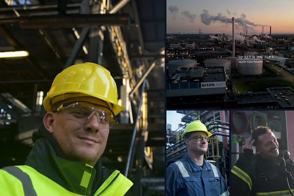 Collage aus dem Employer-Branding-Video: zwei Mitarbeiter mit Helm im Werk, Drohnenblick auf das Orion-Werk in Hürth, Werkfeuerwehr