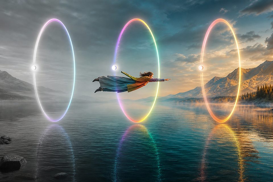 Eine Frau fliegt über einem See durch drei leuchtende Farbringe, links ist die Landschaft grau und flau, rechts leuchtet sie in satten Farben