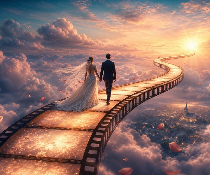 Brautpaar geht Hand in Hand über einen Filmstreifen, der wie eine Brücke durch rosa-goldene Abendwolken zur Sonne führt