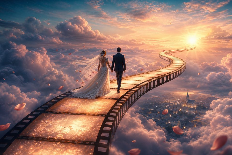 Brautpaar geht Hand in Hand über einen Filmstreifen, der wie eine Brücke durch rosa-goldene Abendwolken zur Sonne führt