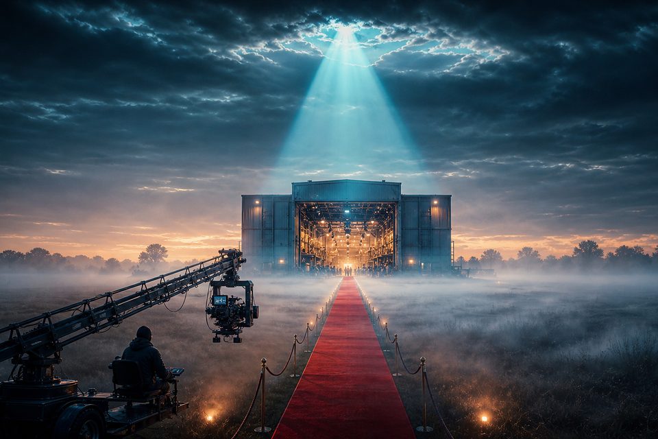 Produktionshalle im Morgennebel, angestrahlt von einem riesigen Scheinwerfer aus den Wolken, ein roter Teppich führt zum Tor, vorn filmt eine Kamera am Kran