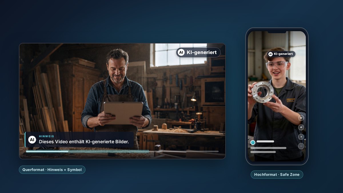 Videoplayer und Smartphone mit KI-generierten Szenen, beide oben rechts mit dem EU-Symbol „AI“ und dem Hinweis „KI-generiert“