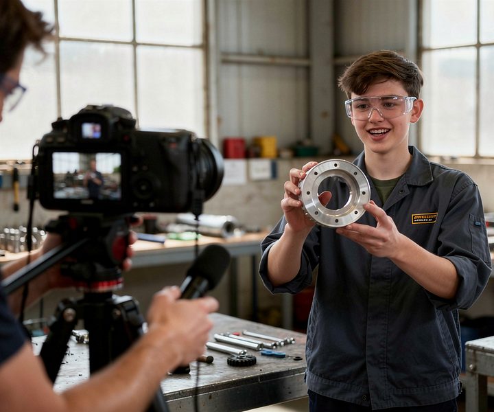 Dreh eines Recruitingvideos: Ein Auszubildender zeigt in der Werkstatt stolz ein Werkstück in die Kamera