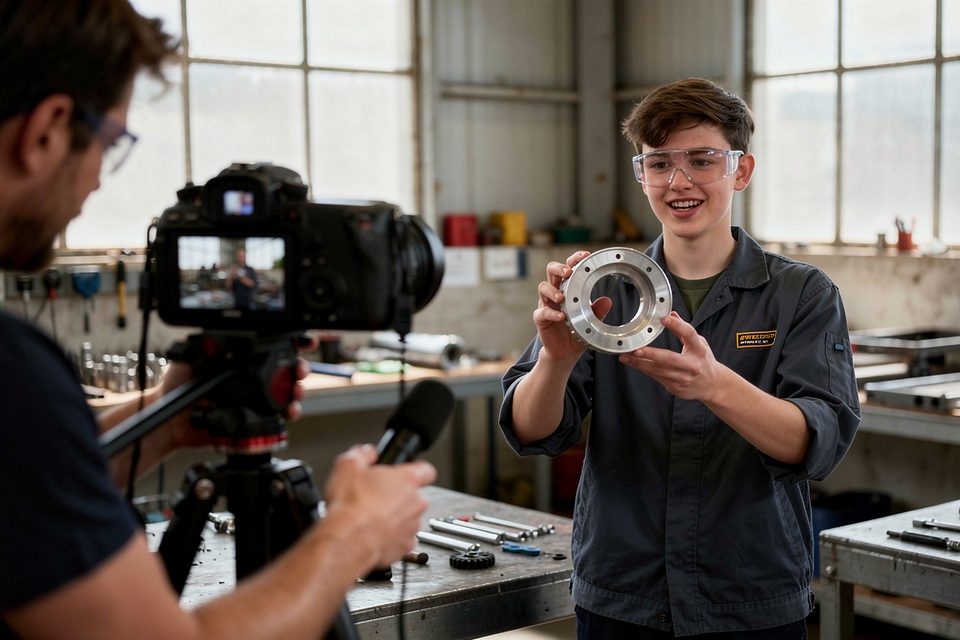 Dreh eines Recruitingvideos: Ein Auszubildender zeigt in der Werkstatt stolz ein Werkstück in die Kamera