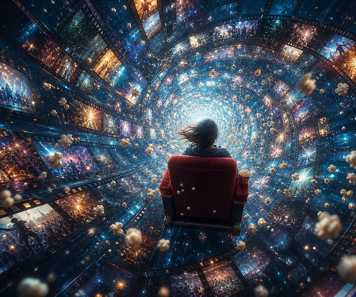Mensch im roten Kinosessel rast durch einen Tunnel aus Filmbildern von Konzerten und Feuerwerk, um ihn herum schwebt Popcorn