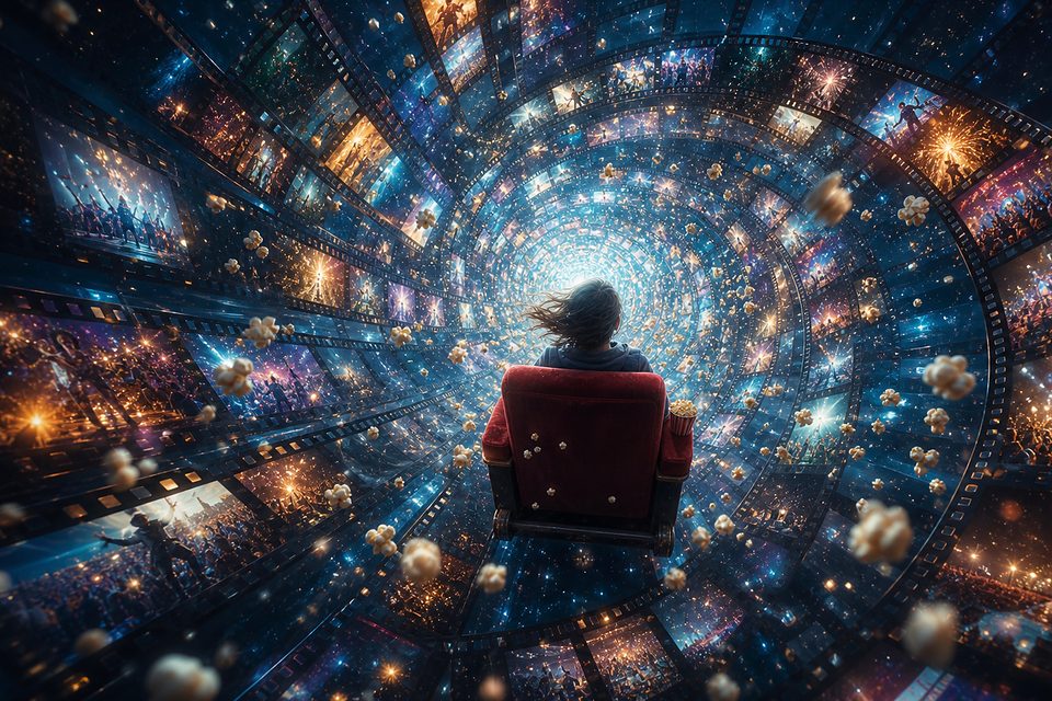 Mensch im roten Kinosessel rast durch einen Tunnel aus Filmbildern von Konzerten und Feuerwerk, um ihn herum schwebt Popcorn