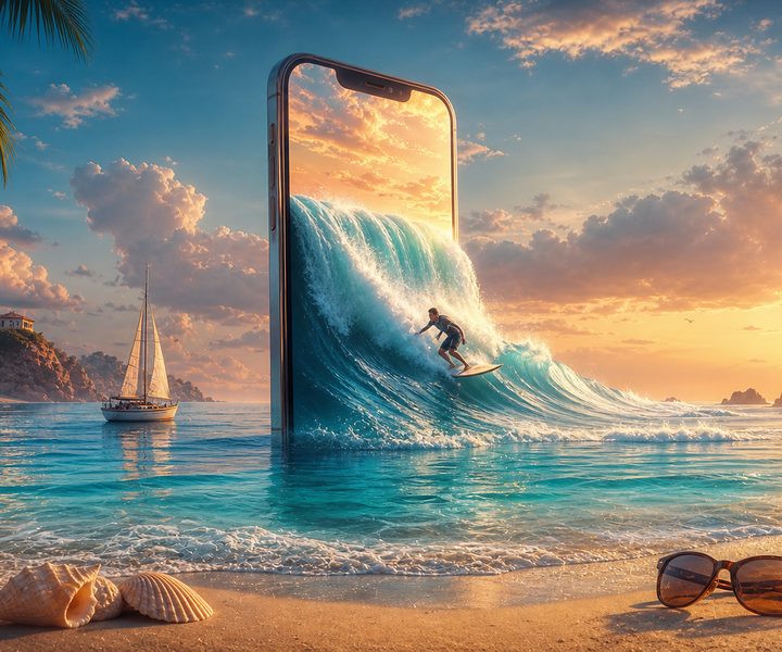Aus dem Bildschirm eines hausgroßen Smartphones in einer türkisen Bucht stürzt das Meer als Welle, ein Surfer reitet heraus
