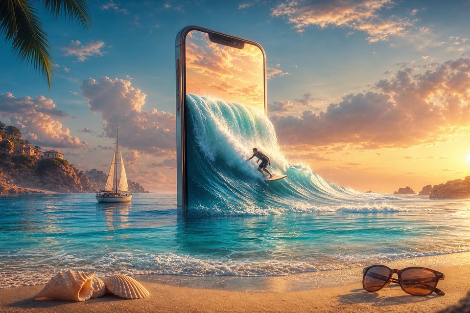 Aus dem Bildschirm eines hausgroßen Smartphones in einer türkisen Bucht stürzt das Meer als Welle, ein Surfer reitet heraus