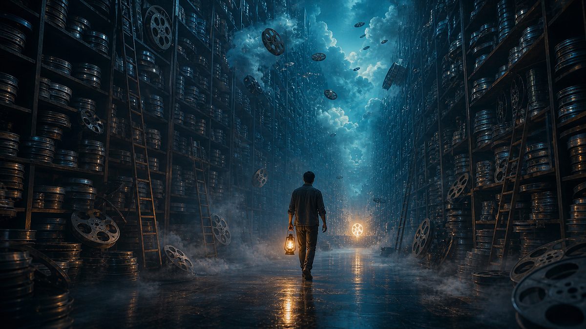 Mann geht mit einer Laterne durch eine endlose Bibliothek, deren Regale voller Filmrollen bis in die Wolken reichen, vor ihm leuchtet eine einzelne Filmrolle