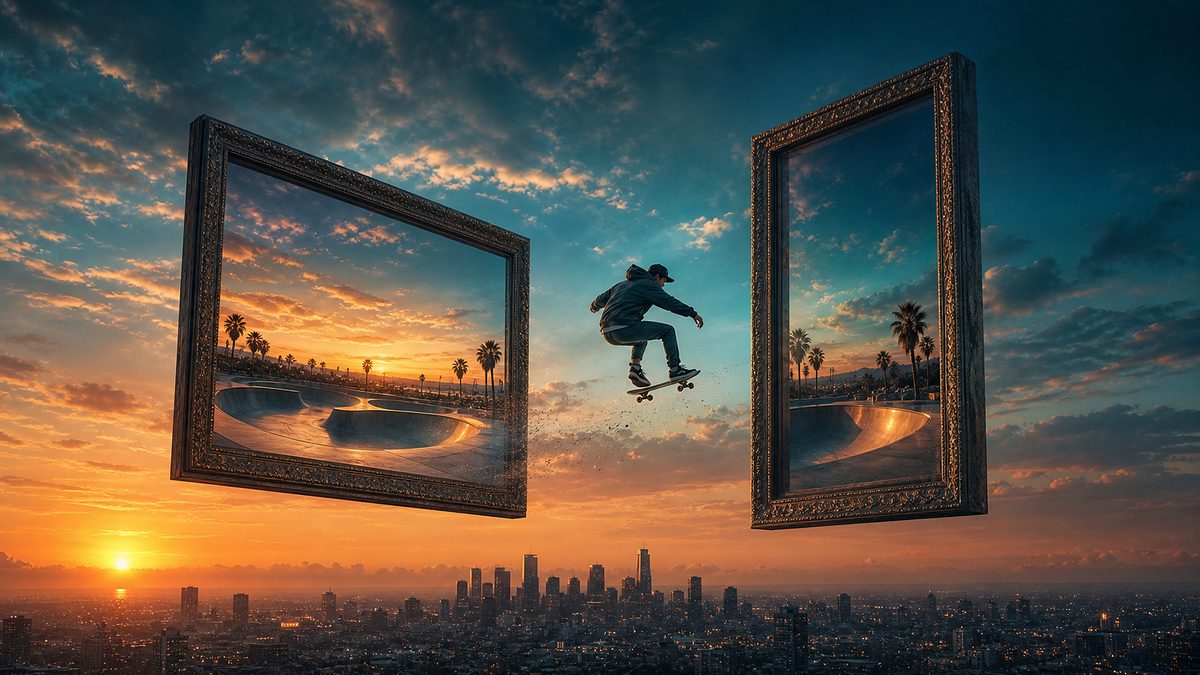 Zwei Bilderrahmen schweben im Abendhimmel über einer Stadt, ein breiter und ein hoher, ein Skater springt aus dem breiten Bild hinüber ins hohe