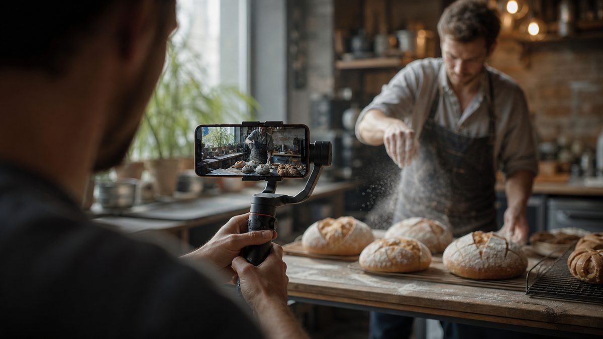 Smartphone im Gimbal filmt eine Bäckerin beim Bemehlen frischer Brote