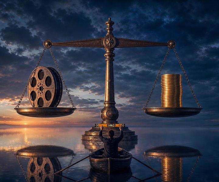 Riesige Messingwaage im Meer, links eine Filmrolle, rechts Goldmünzen, genau im Gleichgewicht; ein Mann im Ruderboot prüft es mit der Wasserwaage