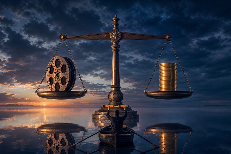 Riesige Messingwaage im Meer, links eine Filmrolle, rechts Goldmünzen, genau im Gleichgewicht; ein Mann im Ruderboot prüft es mit der Wasserwaage