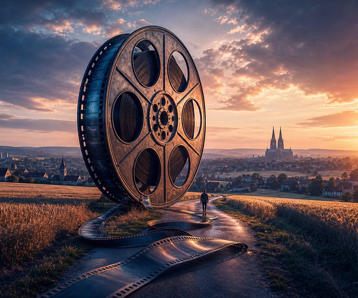 Hausgroße Filmrolle auf einem Feldweg zwischen goldenen Feldern, der Film liegt abgerollt auf dem Weg, am Horizont die Türme des Kölner Doms
