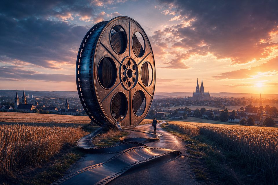 Hausgroße Filmrolle auf einem Feldweg zwischen goldenen Feldern, der Film liegt abgerollt auf dem Weg, am Horizont die Türme des Kölner Doms