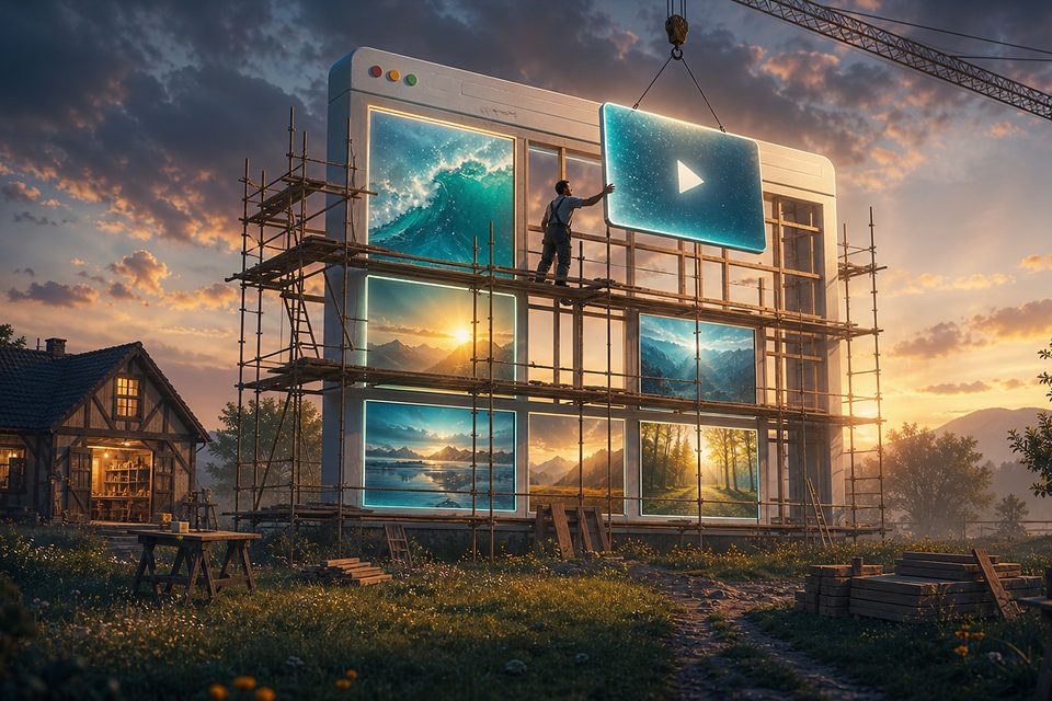 Auf einer Wiese wird ein hausgroßes Browserfenster gebaut: Gerüst, Kran, ein Handwerker setzt das Video-Element ein, daneben eine Fachwerk-Werkstatt
