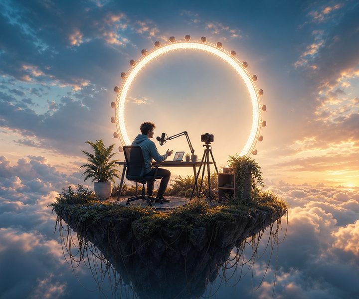 Kleines Creator-Studio mit Kamera, Podcast-Mikrofon und Pflanzen auf einer schwebenden Insel über den Wolken, dahinter ein Ringlicht so groß wie ein Riesenrad