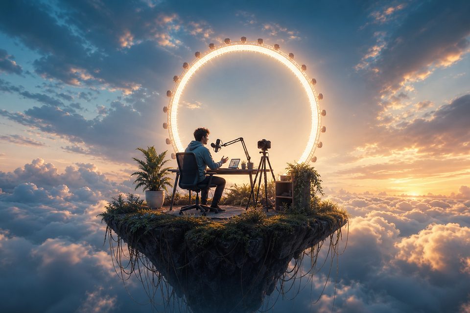 Kleines Creator-Studio mit Kamera, Podcast-Mikrofon und Pflanzen auf einer schwebenden Insel über den Wolken, dahinter ein Ringlicht so groß wie ein Riesenrad